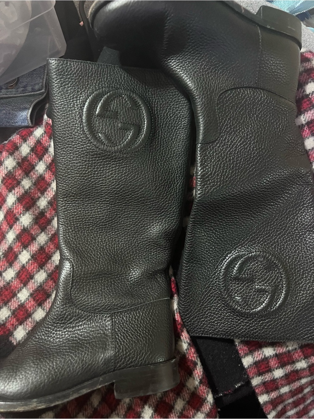 Gucci Black Leather Boots with Embossed Double G
